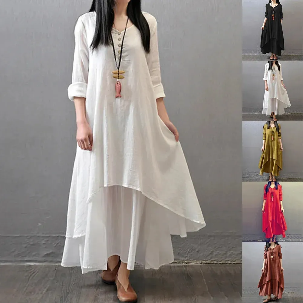 Women Elegant Linen White Dresses Bohemia Layering Vintage Robe Long Sleeve Loose Long Dress Female Autumn Vestidos