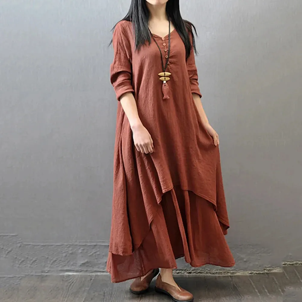 Women Elegant Linen White Dresses Bohemia Layering Vintage Robe Long Sleeve Loose Long Dress Female Autumn Vestidos