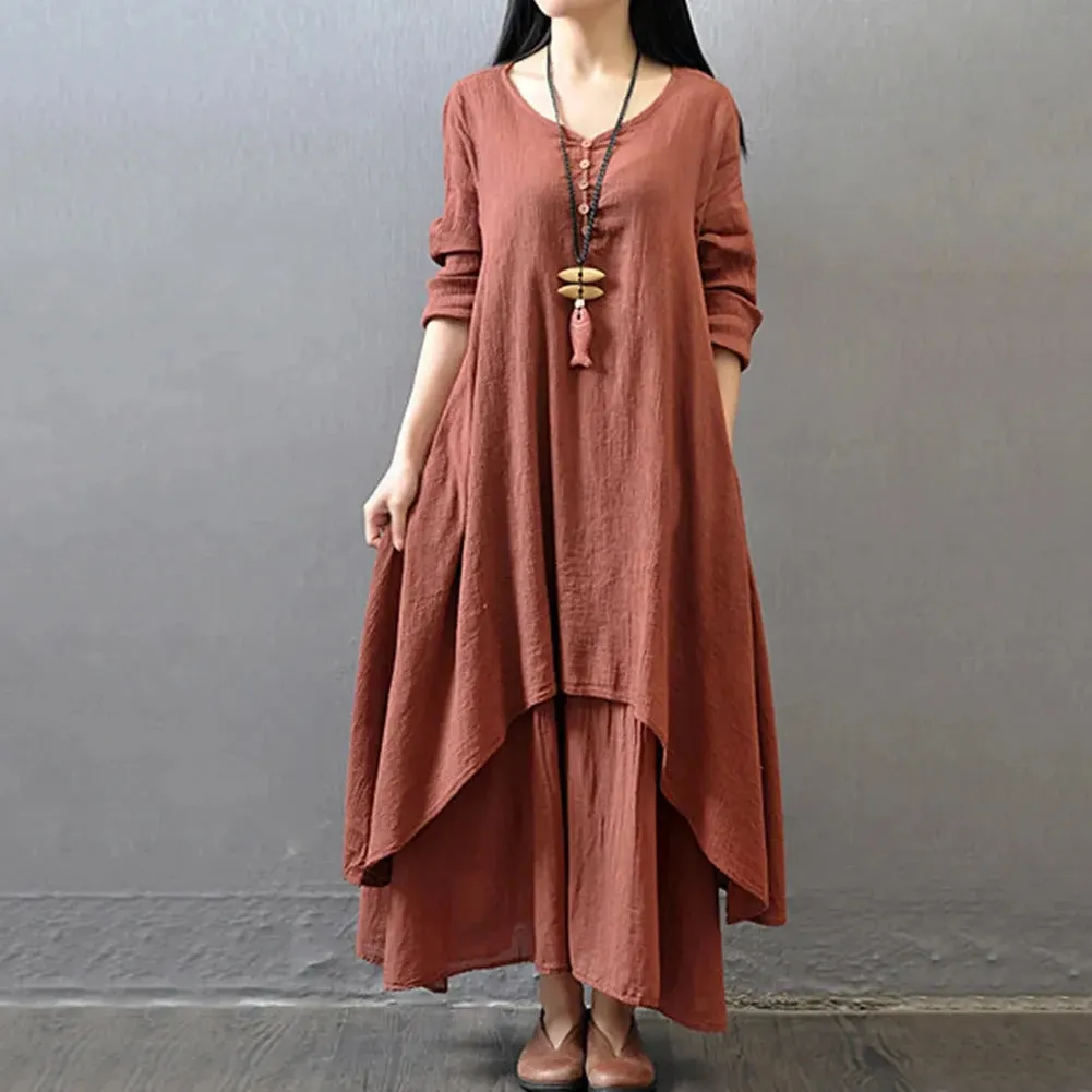 Women Elegant Linen White Dresses Bohemia Layering Vintage Robe Long Sleeve Loose Long Dress Female Autumn Vestidos