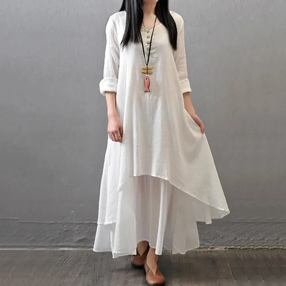 Women Elegant Linen White Dresses Bohemia Layering Vintage Robe Long Sleeve Loose Long Dress Female Autumn Vestidos