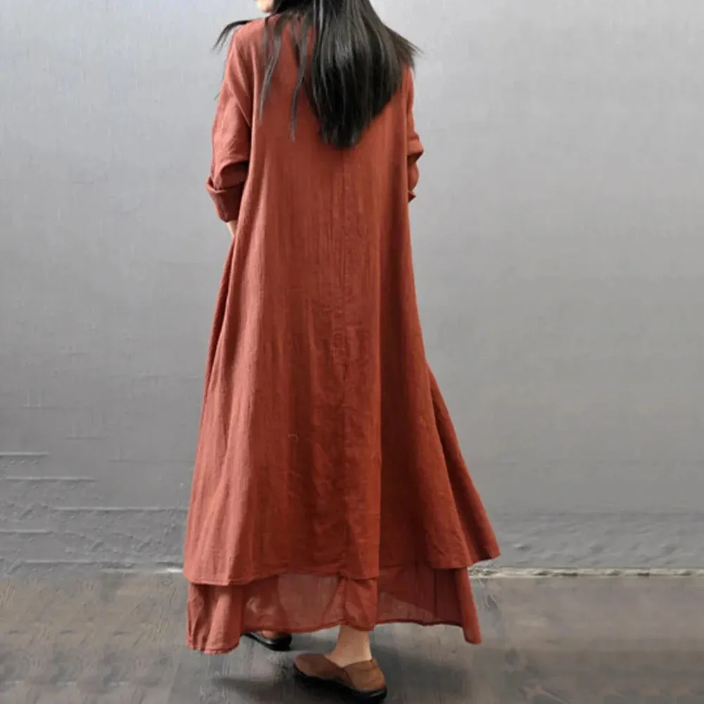 Women Elegant Linen White Dresses Bohemia Layering Vintage Robe Long Sleeve Loose Long Dress Female Autumn Vestidos