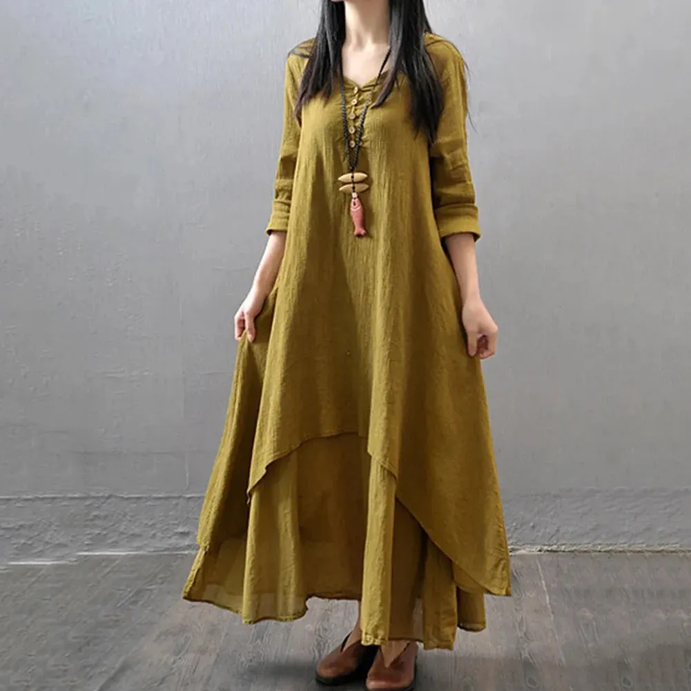 Women Elegant Linen White Dresses Bohemia Layering Vintage Robe Long Sleeve Loose Long Dress Female Autumn Vestidos