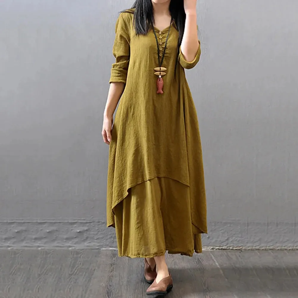 Women Elegant Linen White Dresses Bohemia Layering Vintage Robe Long Sleeve Loose Long Dress Female Autumn Vestidos